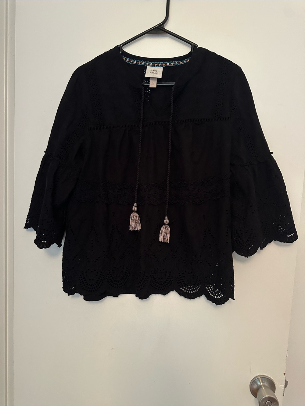 Knox Rose Black Eyelet Peasant Blouse with Tassel Ties